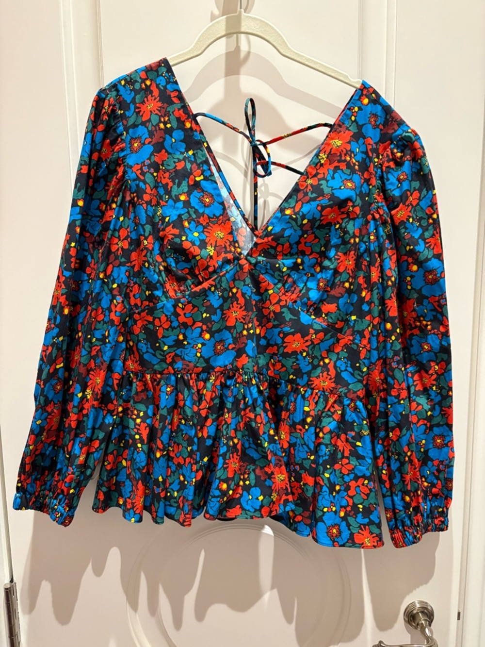 crosby. Floral V-Neck Peplum Blouse - Blue & Red